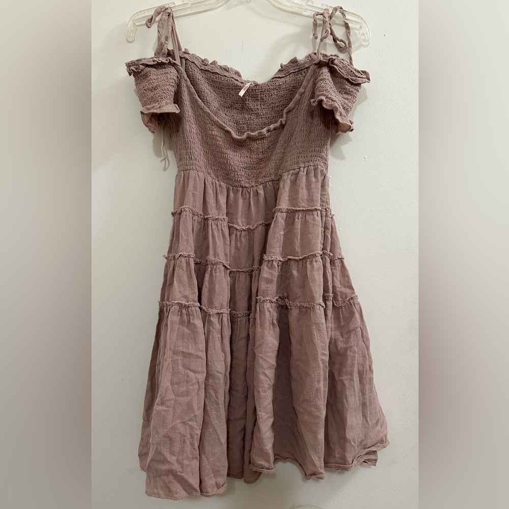 Free People Tan Off the Shoulder Puff Sleeve Sundress